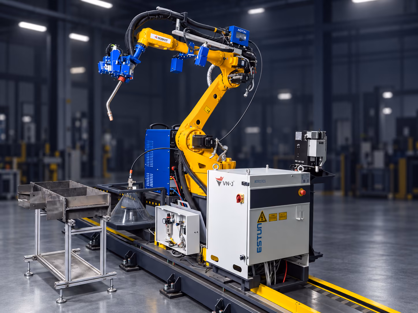 Hình minh họa hệ robot hàn trên ray màu vàng–xanh với nhãn VN‑J trên tủ máy.